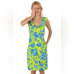 Gretchen Scott Jersey Fling Fantasy Ruffle Dress Pockets Lime Women’s XS